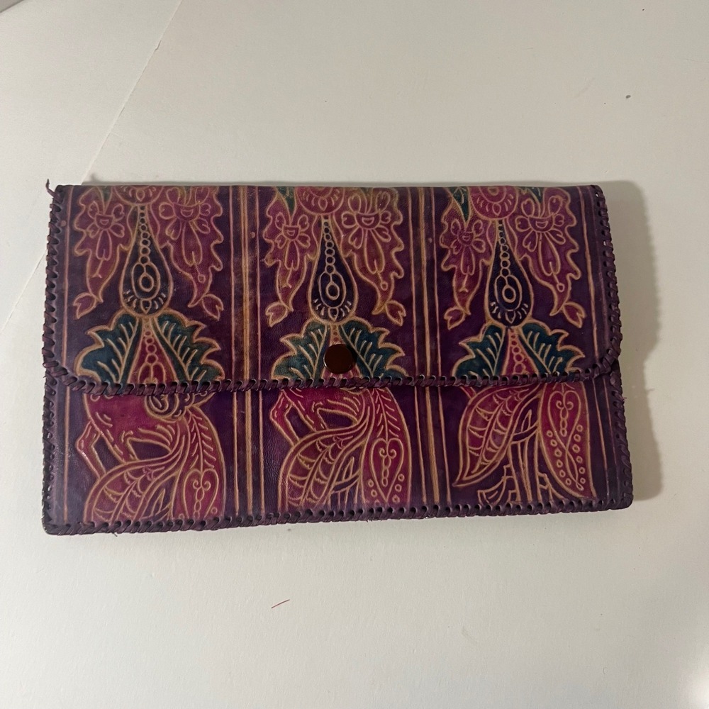 Handtooled Leather Wallet Clutch Floral Peacock Design‎ NWOT Whipstitch India